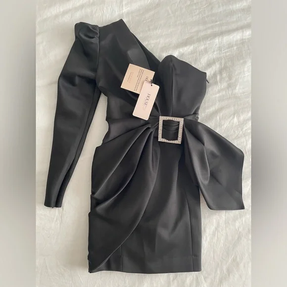 House of CB CHIARA Black One Shoulder Draped Satin Dress - Picture 4 of 6